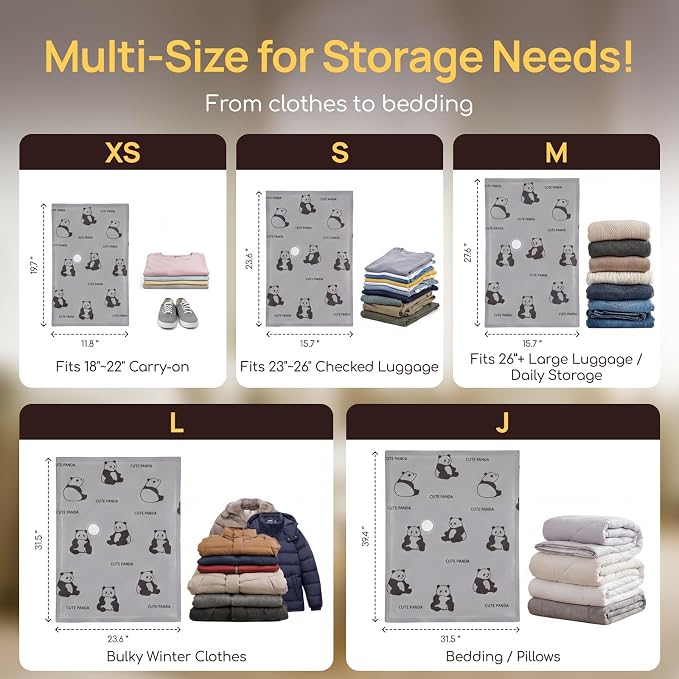 Vacuum Storage Bags with Cordless Pump for Travel & Clothing | Oxford fabric,leak-proof, 5 sizes: XS to Jumbo,Fits 20" carry-on to king comforters.3-in-1 Cordless pump,Reusable
