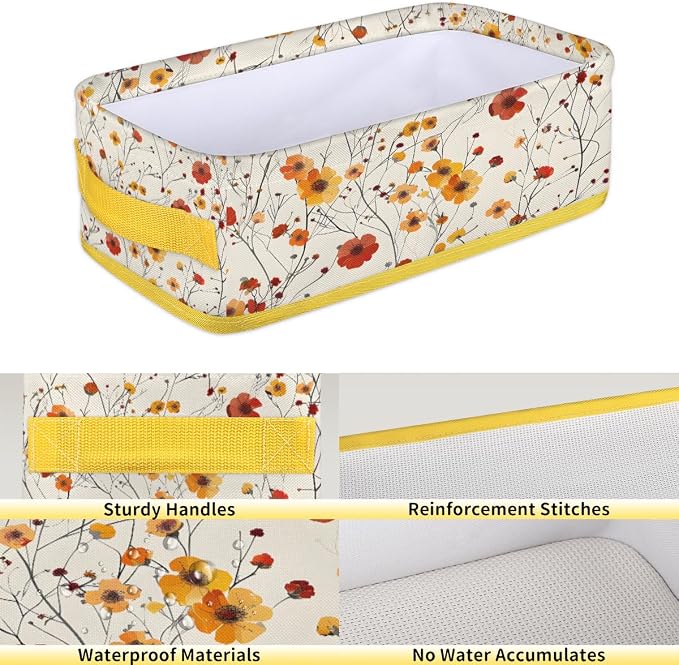 Red Yellow Flowers Bathroom Storage Basket, Foldable with Handle Open Countertop Paper Towel Decorative Box, Toilet Tank Top Shelf Baskets for Home Closet Bedroom Living Room Office