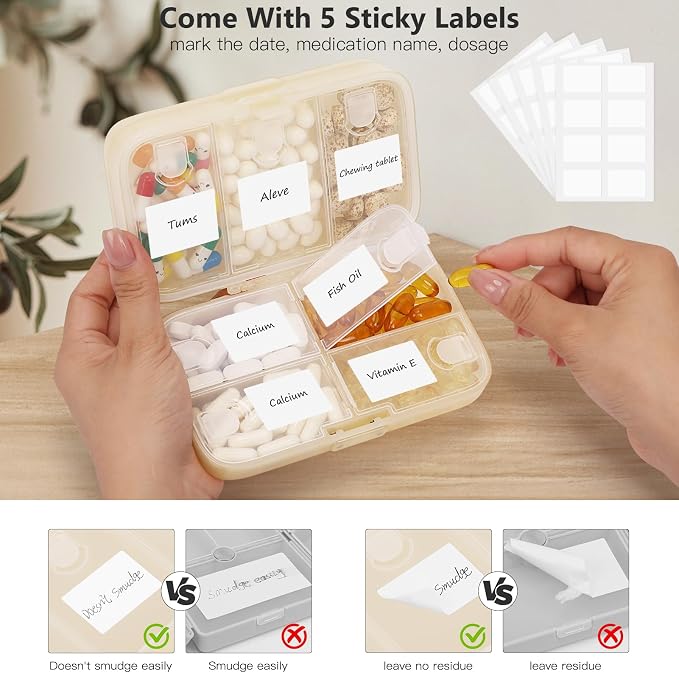 FYY Travel Pill Organizer, Large Weekly Medicine Pill Organizer-Beige | Airtight Moistureproof Medicine Case, Easy to Use, 8 Compartment Pill Box for Vitamins, Fish Oil, Supplements, Mini First Aid