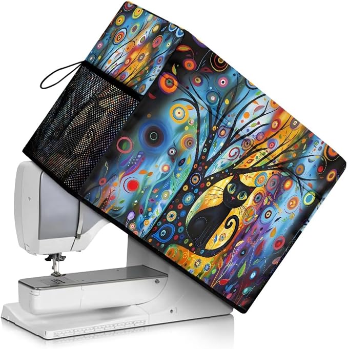 Abstract Art Cat Sewing Machine Cover with Storage Pocket, 17.7 x 8.6 x 12.6 inches, Heavy-Duty Water-Resistant Fabric, Dust & Pet Hair Protection, Fits Brother, Singer, Janome