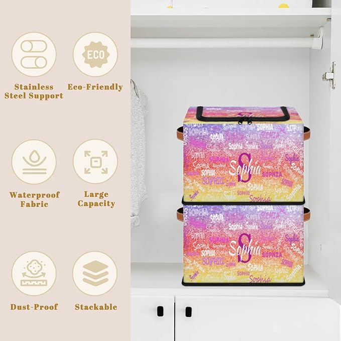 Custom Storage Baskets for Kids with Name, Large Foldable Organizer Collapsible Storage Bin with Zipper Lid Leather Handle for Home Toys Closet Nursery, Shiny Purple Red Yellow Glittering