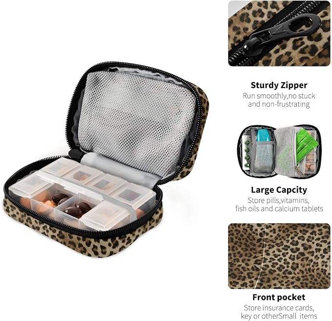 Leopard Print Pill Case, Portable Weekly Pill Box Bag Container 7 Days Pill Organizer Vitamin Supplement Holder with Zipper for Travel Family Business Gym
