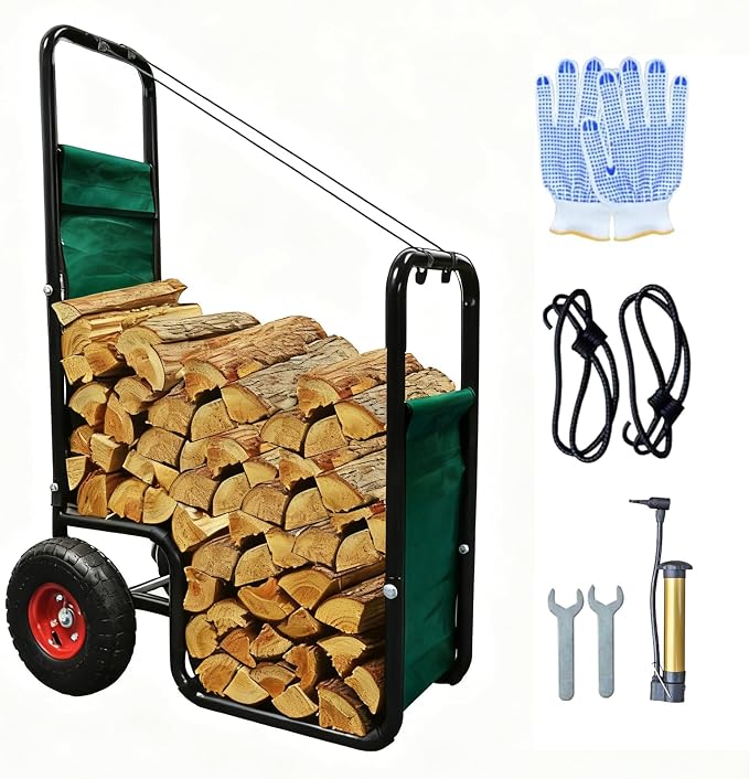 Doublehorse Firewood Cart 27x20x44in Steel Pneumatic Wheels Green | Heavy Duty Metal Waterproof Portable Storage Rack for Outdoor Camping Backyard Fireplace Indoor Use
