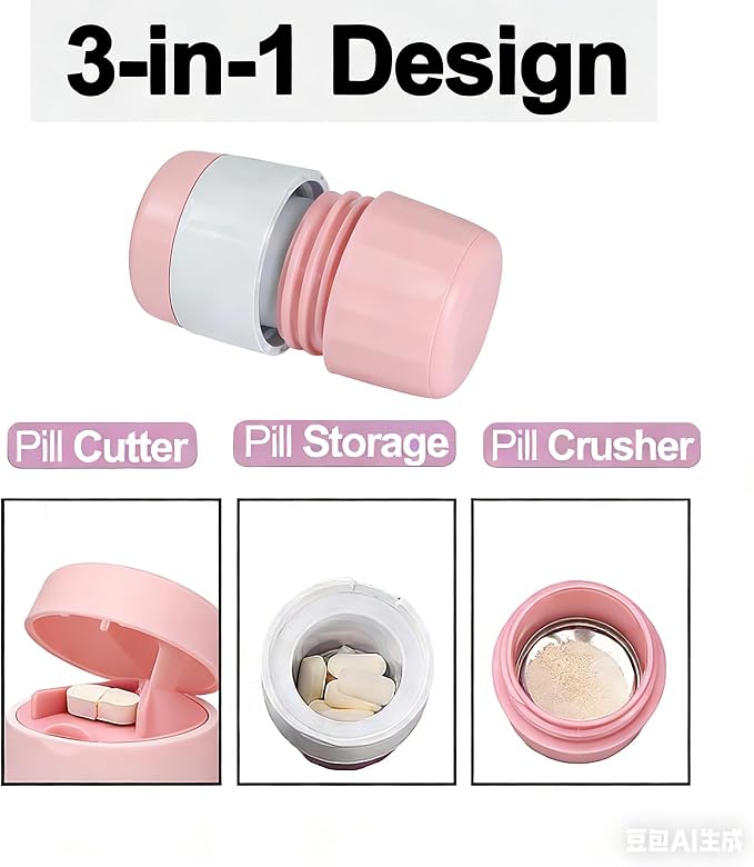 3-in-1 Pill Crusher and Cutter with Storage, BPA-Free Pill Grinder for Fine Powder, Stainless Steel Blade & Grinding Head, Portable Pill Splitter for Elderly, Pets, Travel (Pink)