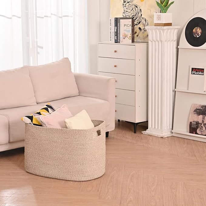 ICERZCZ Large Storage Basket for Organizing, Blanket Basket for Living Room, Large Toy Baskets for Storage, Woven Cotton Rope Baskets for Blankets, Clothes, Shoes, Brown, 25”x16”x16” (105L)