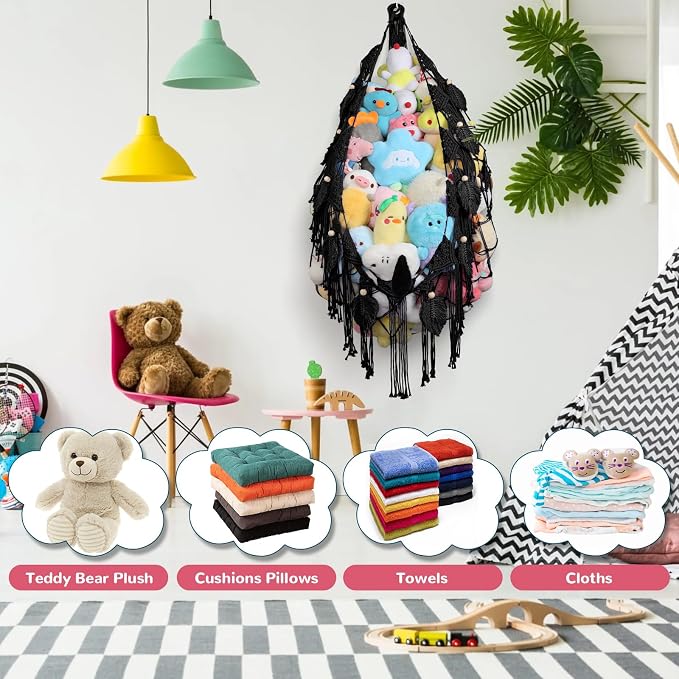 82.7x59x59 Inch Jumbo Stuffed Animal Storage Hammock Corner Toy Net, Black | Macrame Leaf Hanging Stuffed Animal Net Organizer for Stuffy Plush,Toy Hammock Holder w/Star Lights,Nursery Room Decor Gift
