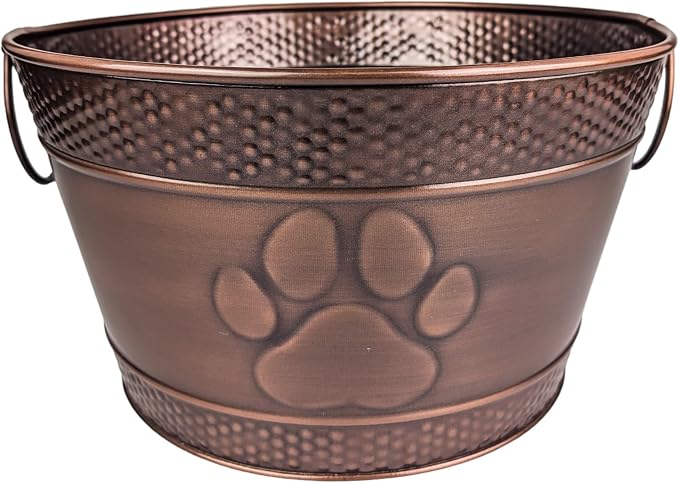 BREKX Metal Indestructible Dog Toy Bin - Chew-Proof Storage Bin | Copper Finish Farmhouse Organizer Storage Basket for Pet Toys, Blankets, Leashes with a Embossed Paw-Print