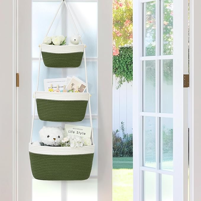 Hanging Basket, 3-Tier Woven Wall Basket with 4 Hooks, Cotton Rope Storage Baskets, Over the Door Organizer for Nursery, Bedroom, Cottage and Boho Wall Decor