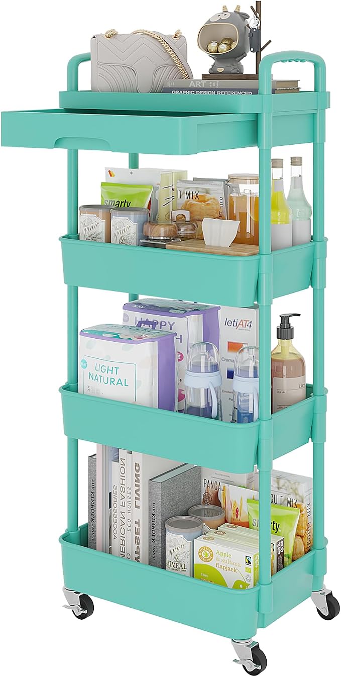 Calmootey 4-Tier Utility Cart with Drawer & Wheels, Storage for Home,Office | Space-Saving Organizer, Sturdy Plastic Shelves, Smooth-Rolling Metal Wheels, Built-in Drawer for Small Items, Green