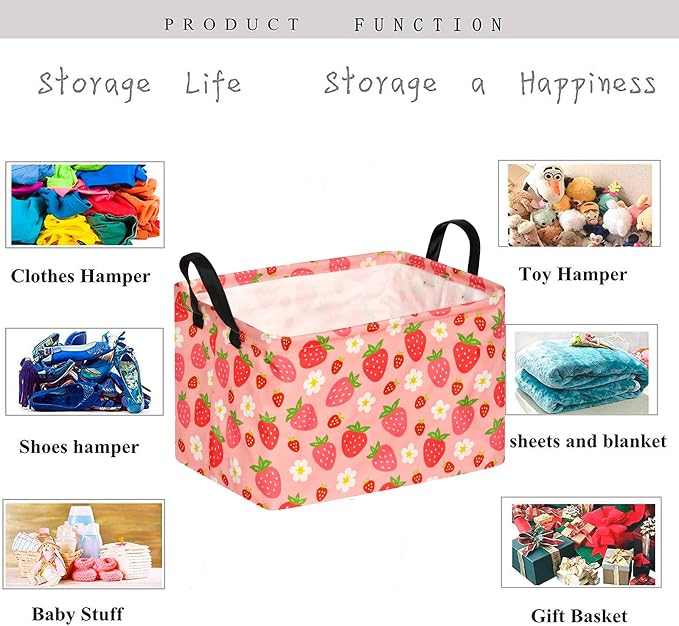 Kid Storage Basket Gift Shelf Basket Toy Storage Bin, Nursery Basket Organizer Box for Children Room Deco With Handles (Strawberry)