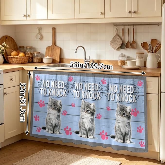 NO Need to Knock Sink Skirt for Bathroom, Self-Adhesive Under Sink Curtain, Cat Pet Paw Prints Pet Lover Farmhouse Hide Pipes & Storage Fabric Cabinet Skirt Cover for Kitchen Laundry 32"x55"