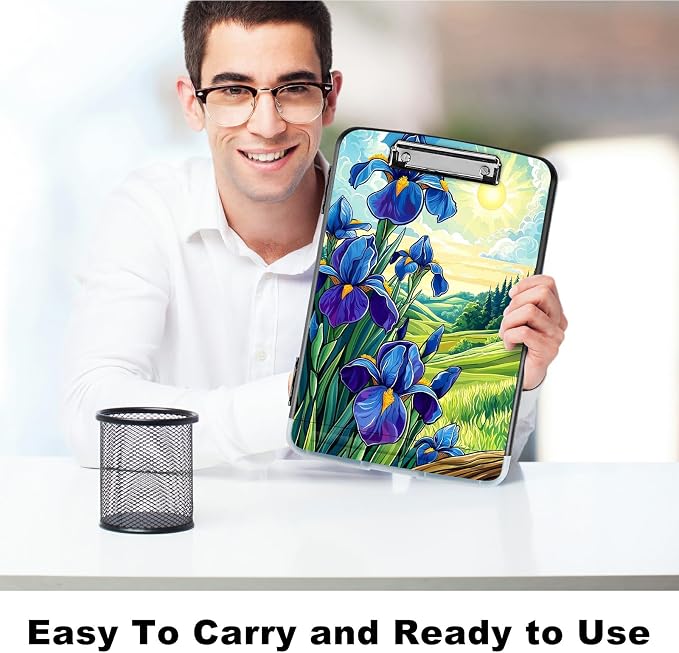 A4 Clipboard with Storage Pen Holder, Clipboards Organizer Nursing Clipboard Foldable File Folder Plastic Clipboard Folio Clip Board for Office Work Classroom Doctor, Blue Flower Lawn