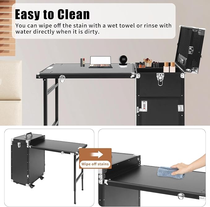 Nail Desk Mobile Station Rolling Makeup Train Case, Foldable Nail Table Manicure Table With Speaker Travel Nail Desk Portable Nail Table Travel Cosmetic Trolley Storage Organizer, Black