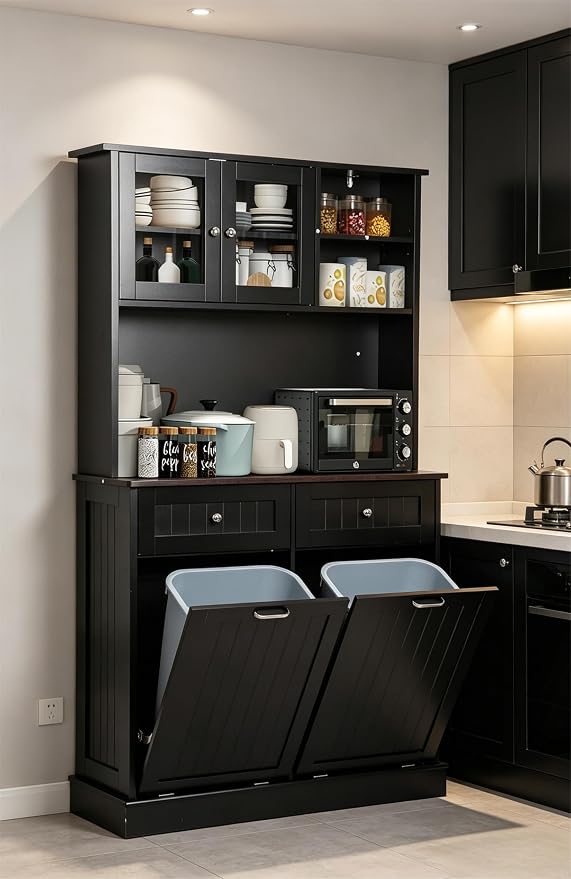 68.4" Kitchen Pantry Storage Cabinet, Freestanding Cupboard with Shelf, 2 Drawers and 2 Tilt Out Trash Cabinet, Tall Cabinets for Kitchen, Dinning Room, Living Room (Glossy Black, Double Tilt)