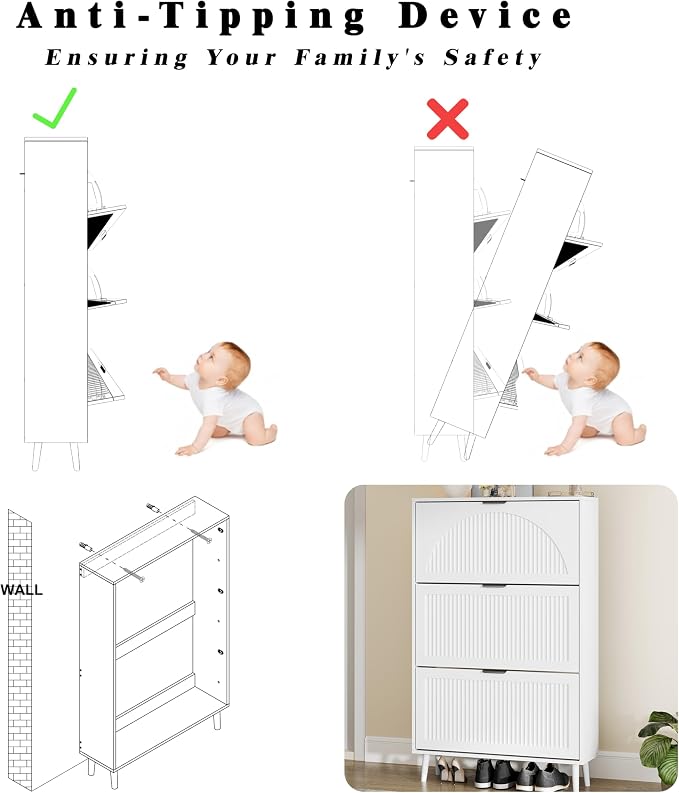 Shoe Storage Cabinet with 3 Flip Drawers, Narrow Wood Shoe Organizer Cabinet with Fluted Panel, Slim Shoe Rack for Entryway, Freestanding Shoe Cabinet for Living Room, Hallway, White