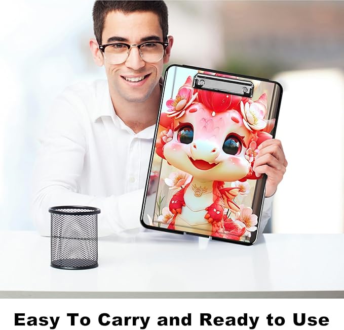 Heavy Duty Storage Clipboard, Slim Nursing Clipboard with Internal Pen Case, Portable File Organizer Case for A4 Letter Size Paper Office Medical Professionals, Pink Dragon