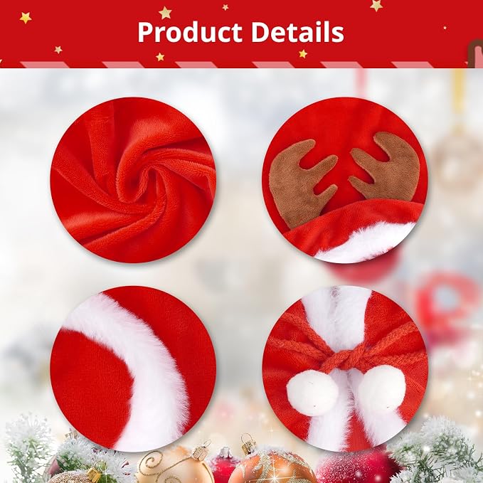 Dog Christmas Cape Velvet, Pet Santa Costume with Elk Antlers Hat Santa Claus Reindeer Outfit Puppy Xmas Hoodie Cloak Dog Clothes for Small Dogs Cat Doggie Cloak