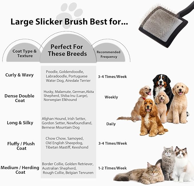 Dog Slicker Brush for Goldendoodles, Poodles & Long Haired Dogs - Long Pin Doodle Brush & Pet Comb Kit Removes Tangles Loose & Knots, Professional Grooming Tools with Wooden Handle, Black