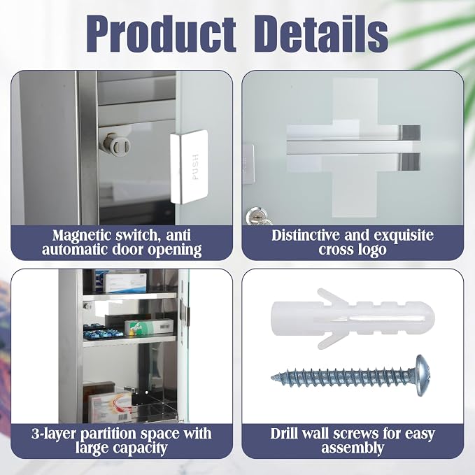 Timgle First Aid Wall Cabinet with Lock Medicine Wall Mounted Bathroom Storage Hanging Medical Cabinet with Safety Glass Door for Bathroom(3 Shelves,Silver)