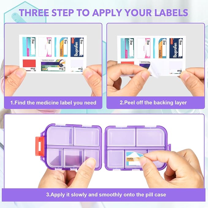 Large Medicine Pill Organizer with 189 Labels, 10 Compartments Purse Pill Case Travel Medicine Organizer Essentials Travel Daily Pill Container (Purple, 1 Pack)