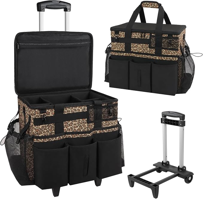 SCAVATA Rolling Cleaning Caddy Bag with Detachable Trolley & Wheels | Large Cleaning Supply Organizer, Portable Multi-Pocket Cleaning Cart for Housekeeper, Adjustable Shoulder Strap, Leopard