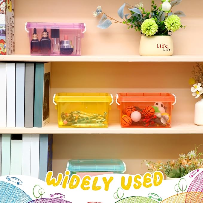 6 Pack Colorful Plastic Storage Bins with Lids 4 Quart Small Storage Latch Box Stackable and Nestable Clear Organizer Bins with Latching Handle and Buckle for Organizing(Colorful)