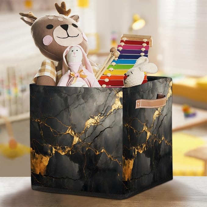 Black Gold Marble Cube Storage Bin, 13 Inch Collapsible Fabric Storage Cube Bin, Foldable Cube Baskets for Shelf, Closet, Organizer