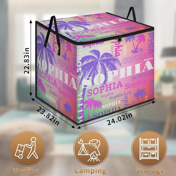 Personalized Storage Bins with Lid, Customized Name Jumbo Storage Basket Rectangle Clothes Organizer for Organizing Shelf Closet, Purple Pink Tropical Palm Trees Gradient Pink Green Background
