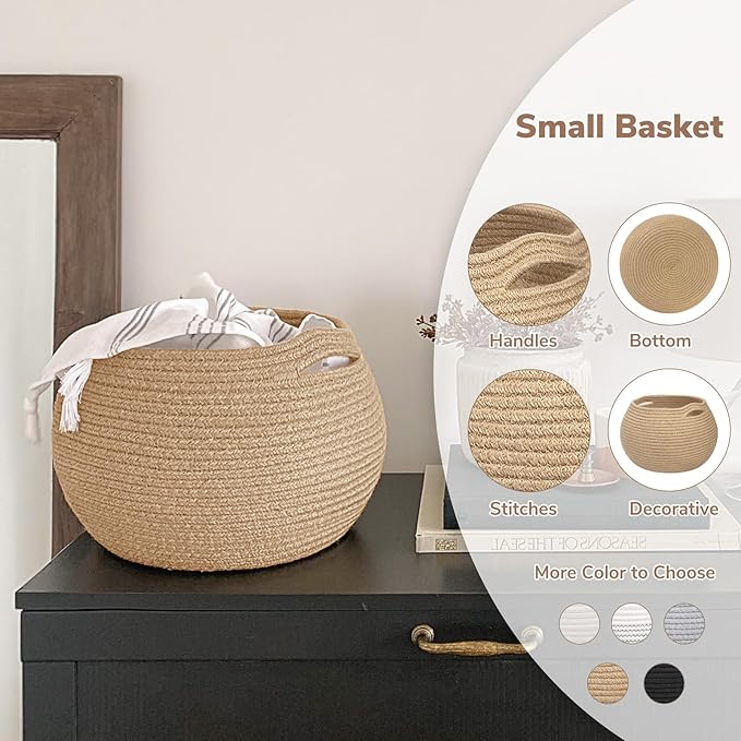 Goodpick Wicker Storage Basket for Living Room, Small Round Woven Basket for Toys, Towel, Bedroom, Children Corner Decoration Plant Baskets Indoor, Jute, 12.5"D x 8.3"H (Pack of 2)