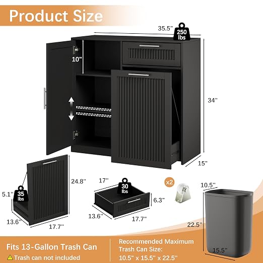 13 Gallons Pull Out Trash Can Cabinet with Storage, Black | Fluted Kitchen Trash Cabinet with Adjustable Shelf & Drawer, Hidden Wood Pet Proof Trash Can Holder for Laundry, Living Room