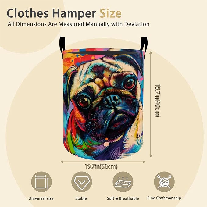Colorful Pug Dog Laundry Basket Hamper for Boys Girls Kids Adults, Foldable Waterproof Oxford Clothes Storage Bin, Pop Art Pet Organizer for Bedroom Bathroom Room Decor 19.7"x15.8"