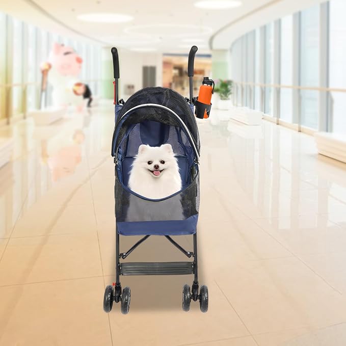 Pet Stroller, Foldable Pet Travel Stroller with Weather Cover, 2 Wheels Pet Strolling Cart for Small Medium Dogs Cats with Cup Holder Breathable Visible Mesh Outdoor Stroller for All-Season (Blue)