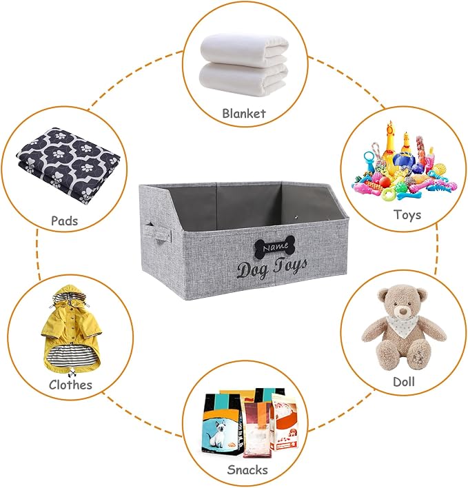 Geyecete dog toy basket Large dog toy bin dog toy box storage box-Foldable Fabric Trapezoid Organizer Boxes with Handle,Can be Personalized for Dog Toys (Gray-DOG)