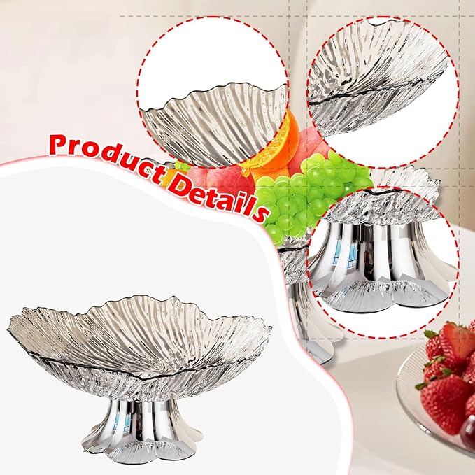 Pedestal Fruit Bowl, Snack Storage Holder, Fruit Tray, Dessert Display Stand, Decorative for Living Room Kitchen Home, E with Silver Base, White