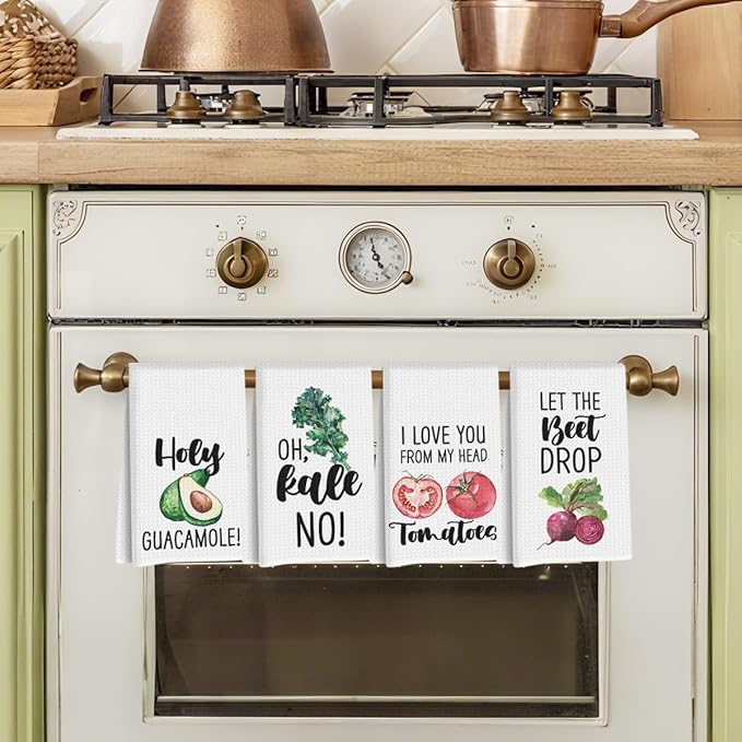 4Pcs Funny Vegetable Kitchen Towels 24x14 Inch, Tomato Avocado Carrot Decor Microfiber Reusable Tea Towels for Bathroom Farmhouse, Durable Waffle Dish Drying Towel, Housewarming Gifts for Women Mom