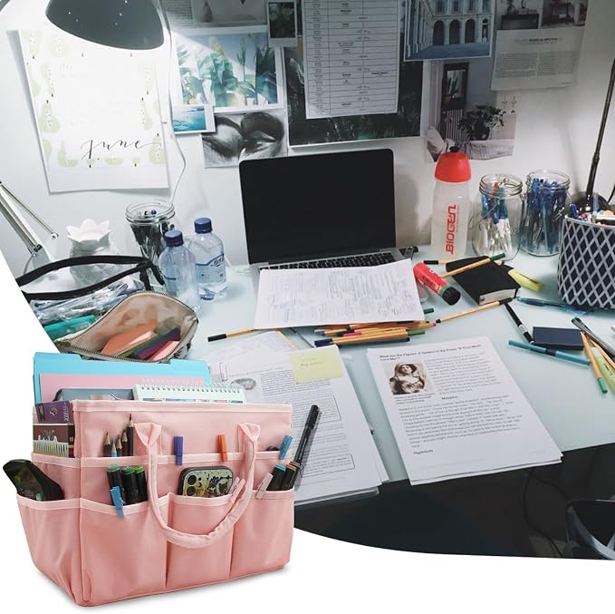 Cupohus Craft Organizer Bag, Pink Art Supply Tote with Multiple Pockets | Portable Storage Tote for Scrapbooking, Journal, Sewing, Oxford Fabric Carrying Caddy for Teacher, Officer, Artist