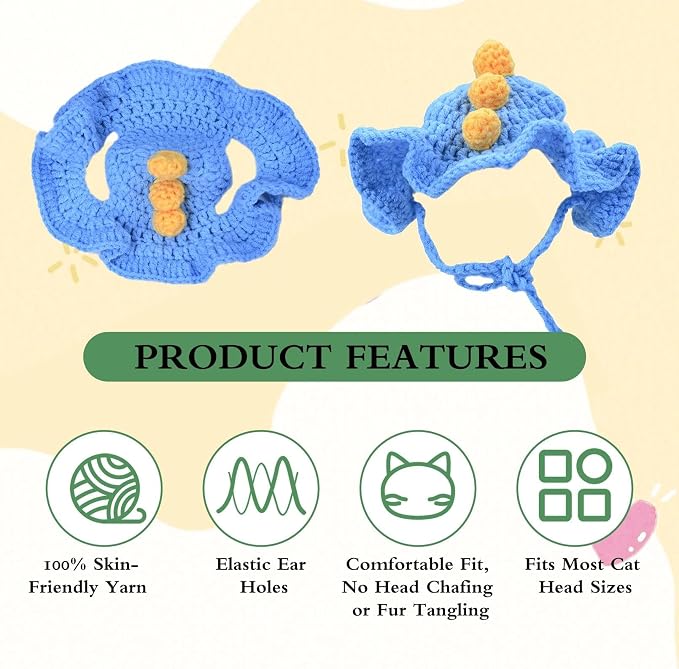 Dinosaur Cat Hat, Cotton & Soft Cute Knitted Hats for Cats Birthday Party Spring Puppy Hat for Small Pets (Blue,M)