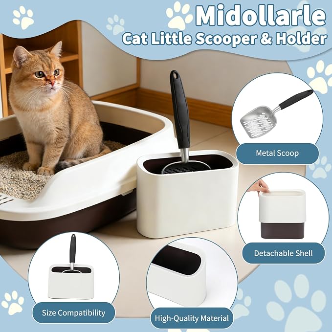 Metal Cat Litter Scoop with Holder, Detachable Caddy Set, White | Aluminum Sifting Shovel, Detachable Caddy with Lid, 12 x 4 x 1.5 in Scoop, 8 x 2.9 x 5.9 in Caddy, Curved Grip, Easy Rinse