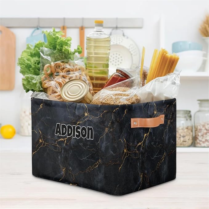 Custom Name Storage Bin, Personalized Rectangular Storage Basket with Handles for Organizing Boys Girls Toys Office Closet Shelf Baskets Dark Black Marble Texture with Golden Line