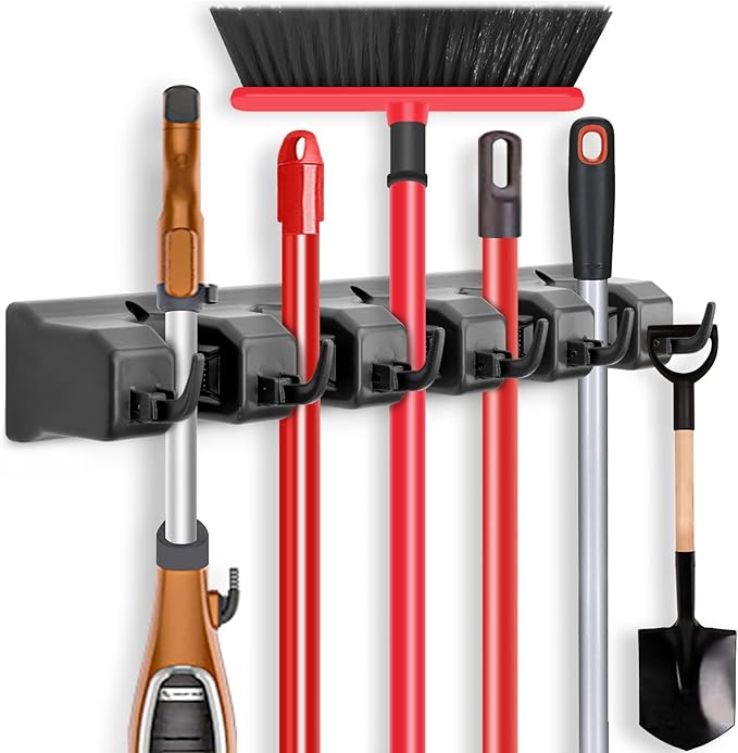 IMILLET Mop and Broom Holder, Wall Mount Organizer Storage Tool Rack | Broom and Mop Organizer Wall Hanging for Garage, Laundry Room, Garden, Utility, 5 Ball Slots and 6 Hooks(Black)