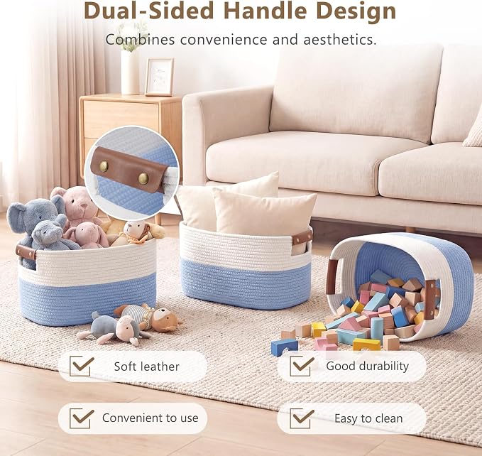 ECDYQXVU 15x10x9 Woven Cotton Rope Storage Basket, Leather Handles 2 Pack | Foldable Design, Sturdy PU Handles, Easy to Clean Organizer for Living Room, Closet, Shelves, Bedroom, Laundry, Clothes