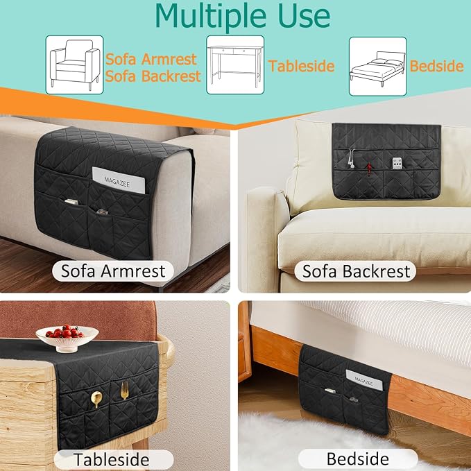 Remote Control Holder for Recliner Armchair Caddy Couch Armrest Organizer, Non-Slip Arm Chair Bedside Caddy Storage Organizer for Recliner Couch With 6 Pockets for Magazine, Phone, iPad (Black)