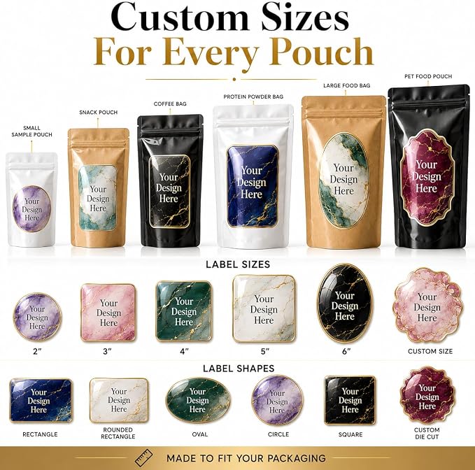 Custom Pouch Labels - Personalized Waterproof Vinyl Stickers for Pouches | Coffee Bags, Food Packaging, Tea, Protein Powder, Pet Treats, Glossy Custom Product Labels