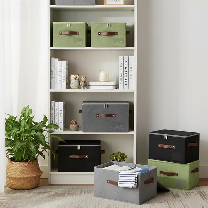 ANMINY Storage Box Fabric Bins with Zipper Lid, 17.7"x13.8"x10" Green, 3PCS | Keepsake Box, Decorative, Cotton Linen, Reinforced PP Board Frame, Washable, Stackable & Foldable, Label Holder & PU Handles