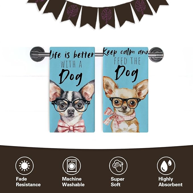 Funny Chihuahua Kitchen Dish Towels Set of 2, Blue Life is Better with a Dog Bow Drying Hand Towel Baking Cooking Cloth, Pet Dog Owner Lover Gifts Bathroom Home Decoration 18'' x 26''