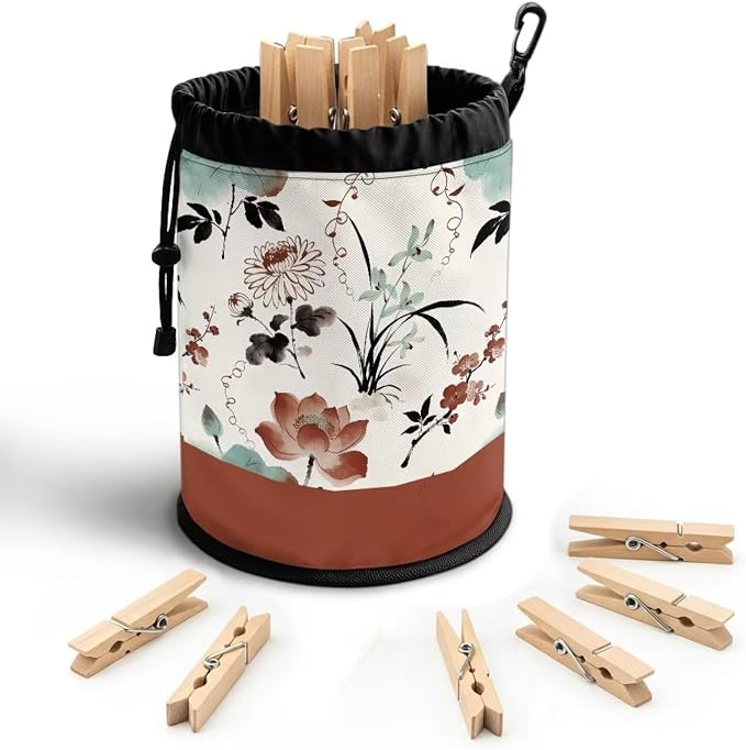 Lotus Chrysanthemum Laundry Peg Bag Organizer, Drawstring Clothespin Storage Pouch with Hanging Loop, Portable Clips Holder for Drying Rack, Camping Gear, Home & RV