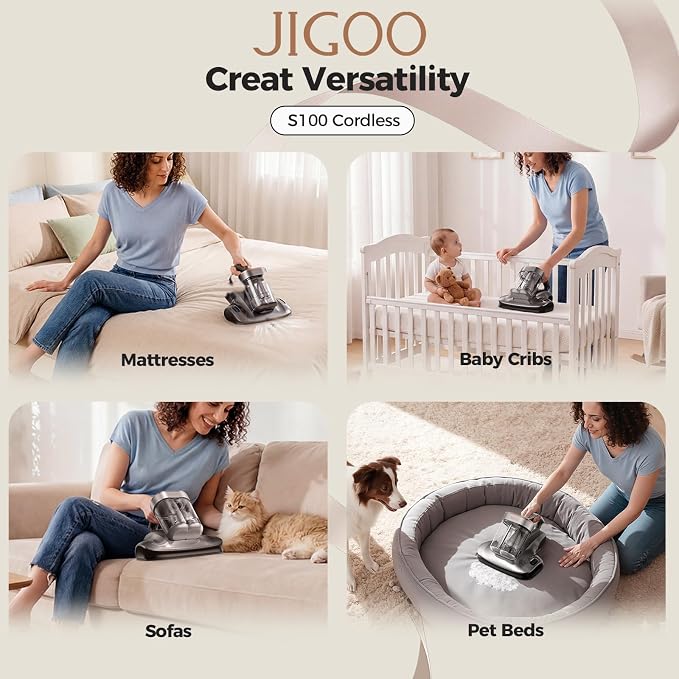 JIGOO 2-in-1 Mattress and Pet Hair Vacuum Cleaner, Bed Vacuum Cleaner with Dust Sensor, Ultrasonic and High Heating, Deep Cleaning Bed Vacuum for Sofa Bed Fabric Surface (S100 Cordless,Gray)