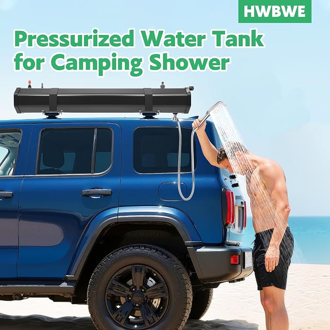 Pressurized Water Tank for Camping Shower, 7.93Gal Portable Camping Showerhead Handheld with Storage Bag, Roof Rack Shower for Hiking, Car wash, Pet Cleaning, Beach Vacations