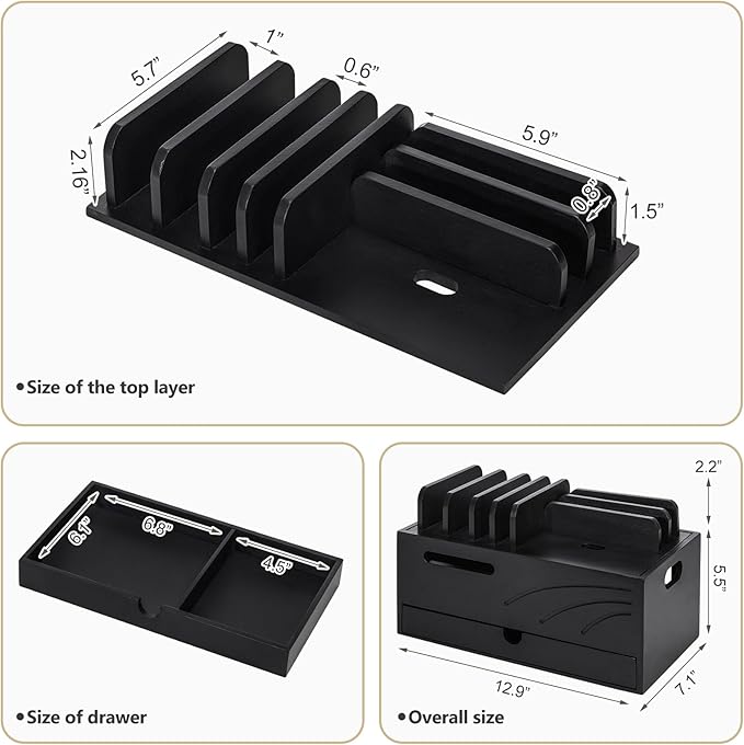 Homde Bamboo Charging Station Organizer: Charger Rack for Multiple Devices | Cable Cord Management Box with 6 Compartments and Drawer - Electronic Docking Stand for Chargers Phones Tablets (Black)