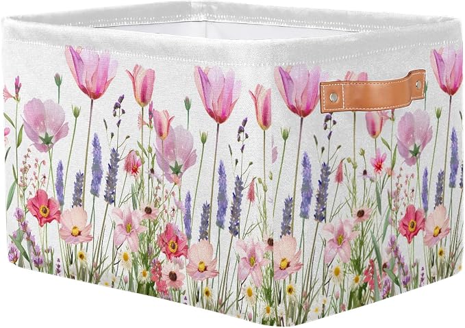 Pardick Basket Storage Bins Flower Floral Pink Rectangle Cube Basket Box Kids Girls Boys Toys Organizer Beaket Decor Foldable with Handle for Living Room Bedroom Closet Nursery Office Shelf Gifts